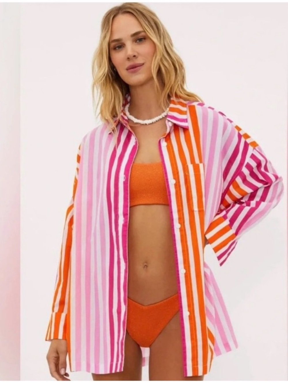 Beach Riot Alexa Swimsuit Coverup Button Up Top in Sunset Stripes